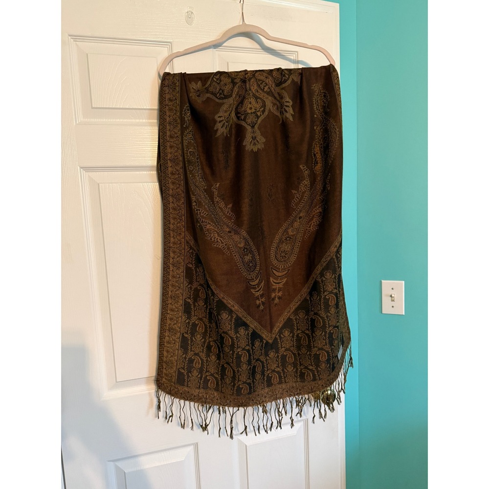 Brown Paisley Pashmina Shawl Viscose Cotton Blend Fringe Wrap Scarf